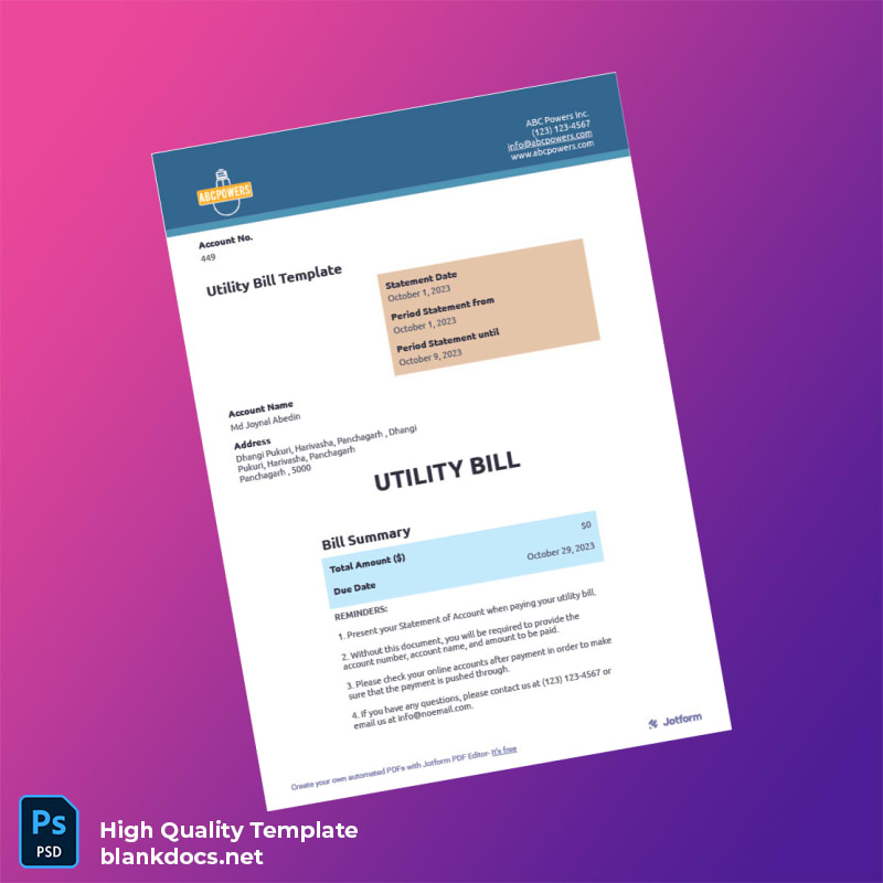 ABC Powers Inc Editable Utility Bill Template in Word and PDF formats