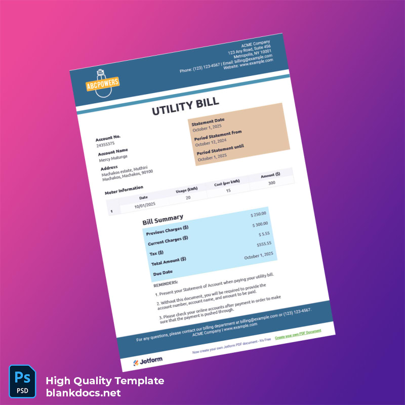 ACME Company Editable Utility Bill Template in Word and PDF formats