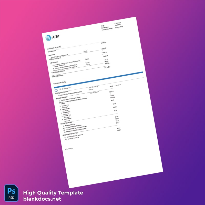 AT T Editable Utility Bill Template in Word and PDF formats page 2