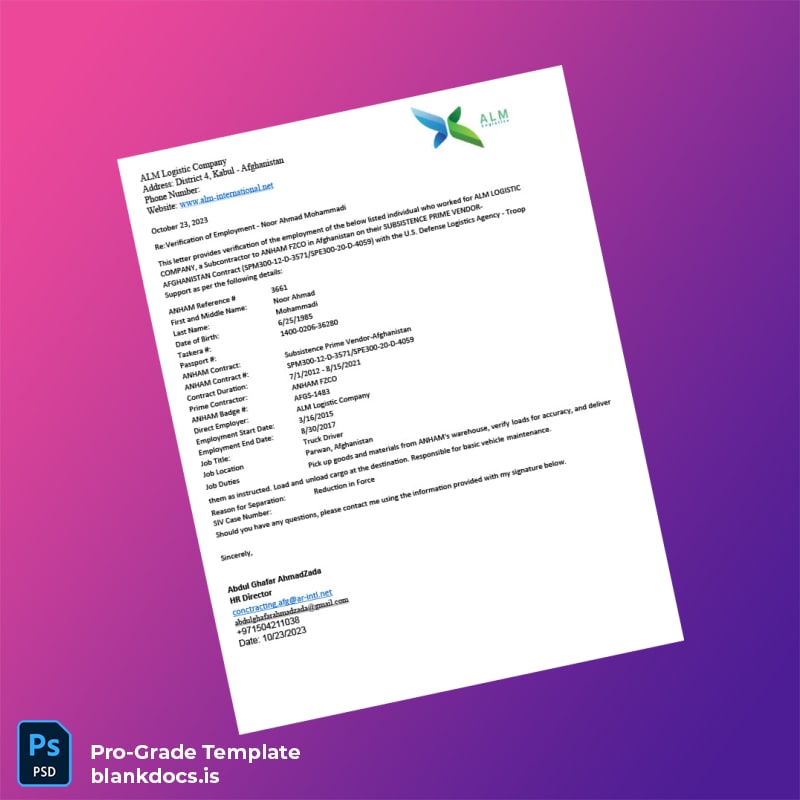 Blank Afghanistan ALM Logistic Company Employment Verification Letter Template (Word/PDF) Document Preview - BlankDocs