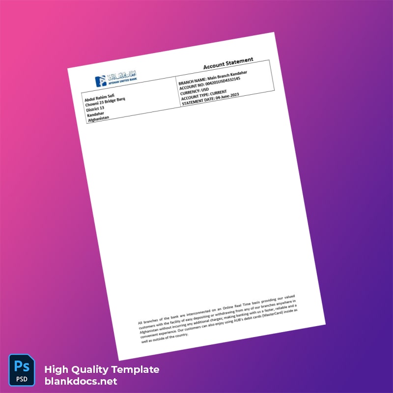 Afghanistan Afghan United Bank Statement Template in Word and PDF formats page 2