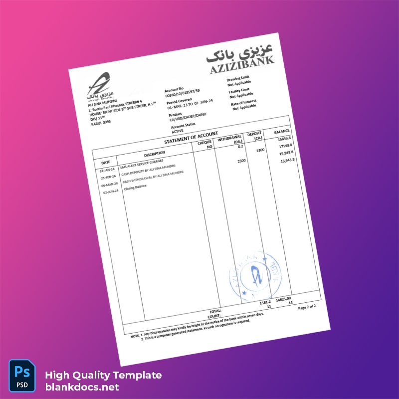 Afghanistan Azizi Bank Statement Template in Word and PDF formats page 2