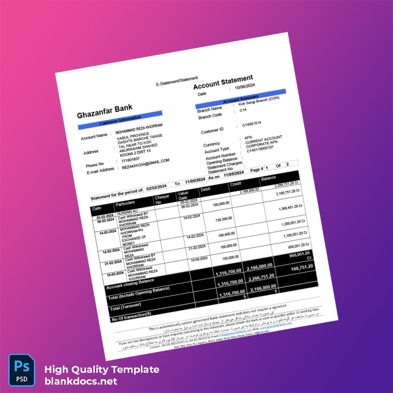 Afghanistan Ghazanfar Bank Statement Template in Word and PDF formats