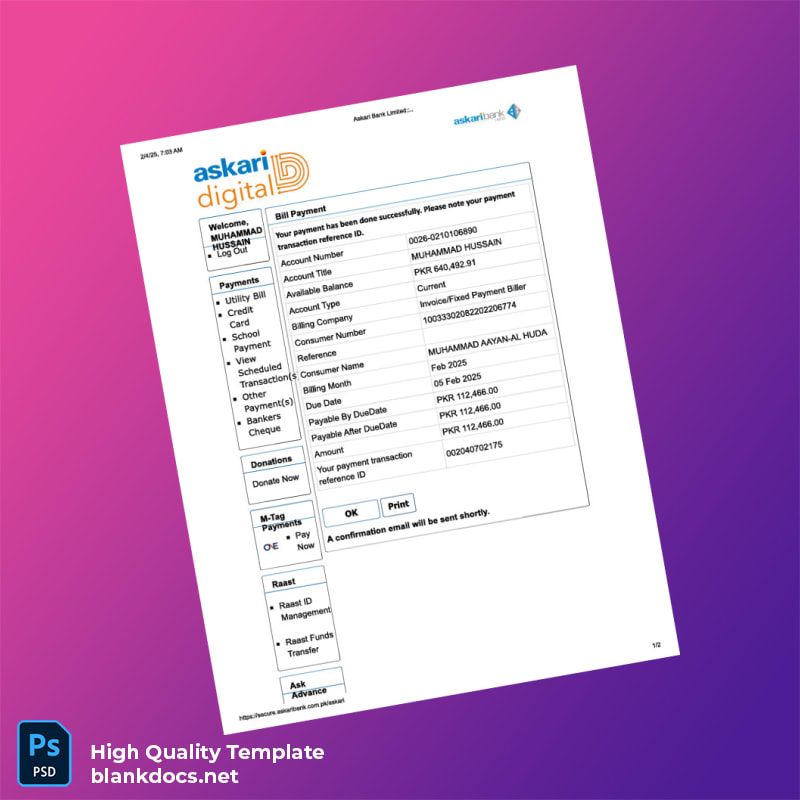 Askari Bank Editable Utility Bill Template in Word and PDF formats