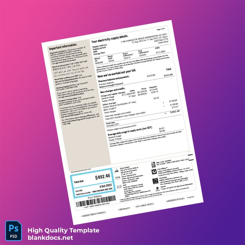 Australia AGL Sales Pty Limited Editable Electricity Bill Template in Word and PDF formats page 2