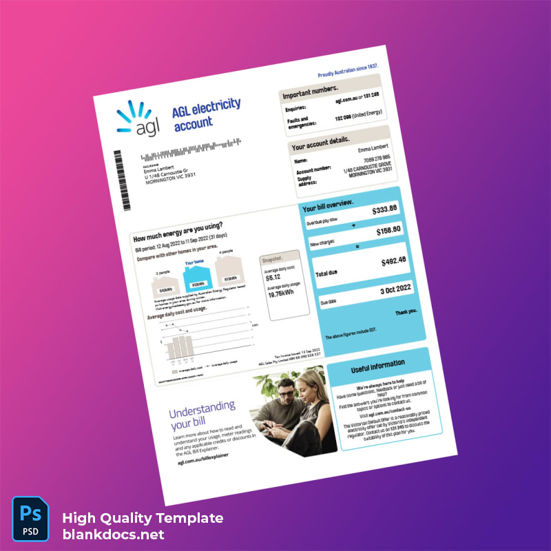 Australia AGL Sales Pty Limited Editable Electricity Bill Template in Word and PDF formats