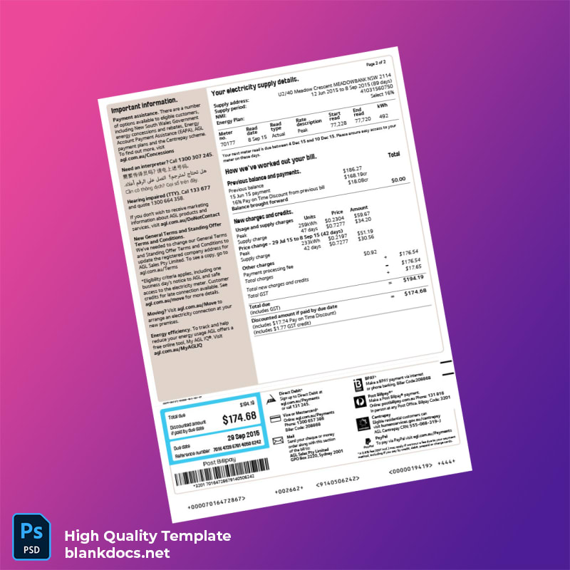 Australia AGL Sales Pty Limited Editable Energy Bill Template in Word and PDF formats page 2
