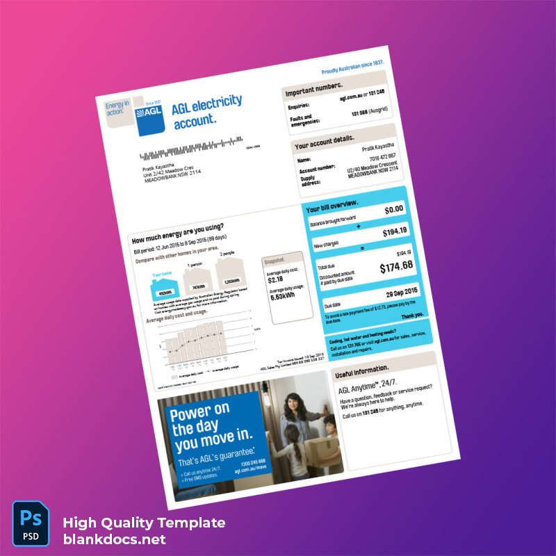 Australia AGL Sales Pty Limited Editable Energy Bill Template in Word and PDF formats