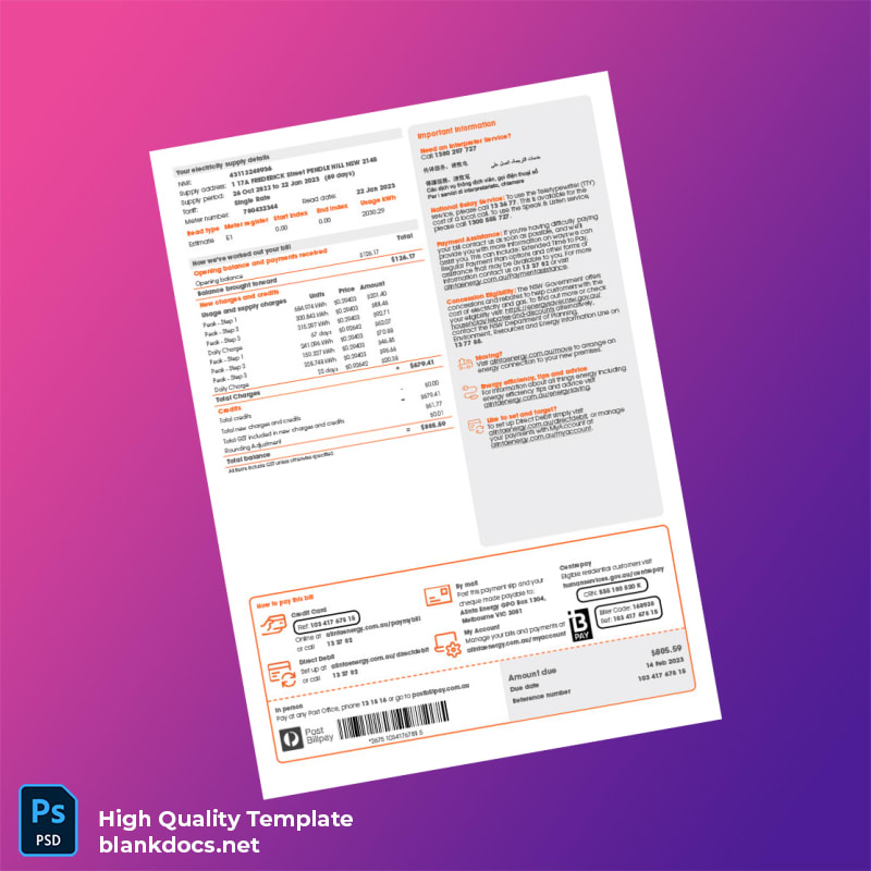 Australia Alinta Energy Editable Utility Bill Template in Word and PDF formats page 2