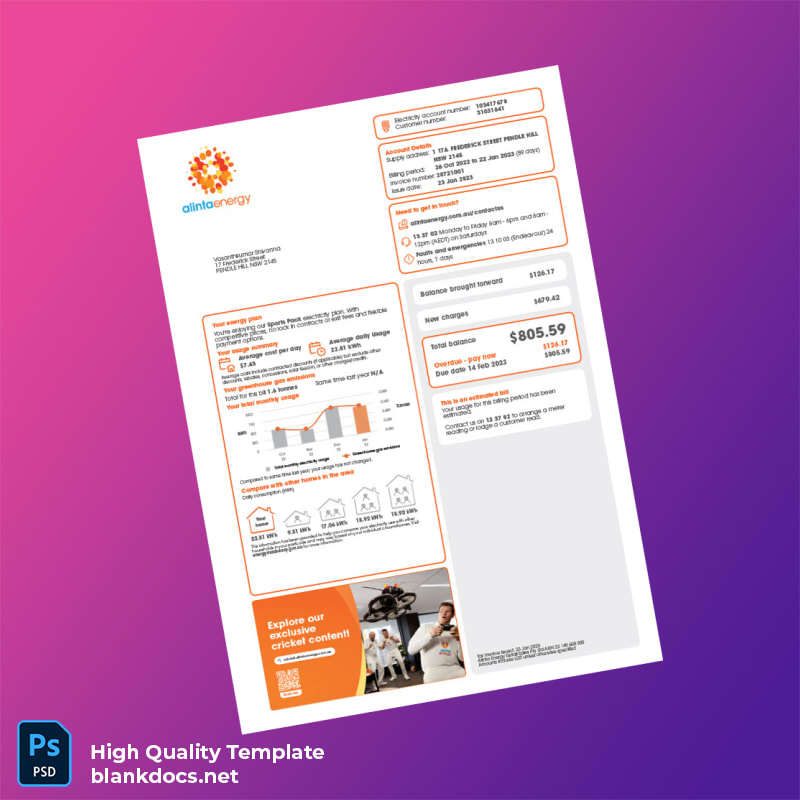 Australia Alinta Energy Retail Sales Pty Ltd Editable Utility Bill Template in Word and PDF formats