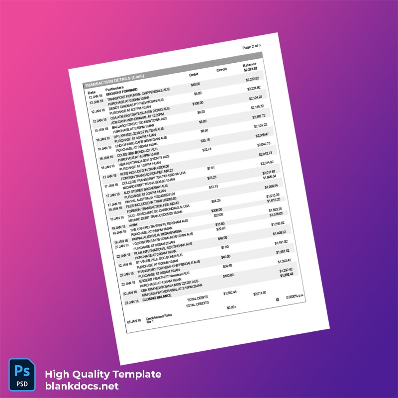 Australia Bankwest Bank Statement Template in Word and PDF formats page 2