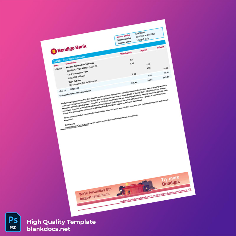 Australia Bendigo Bank Statement Template in Word and PDF formats page 2