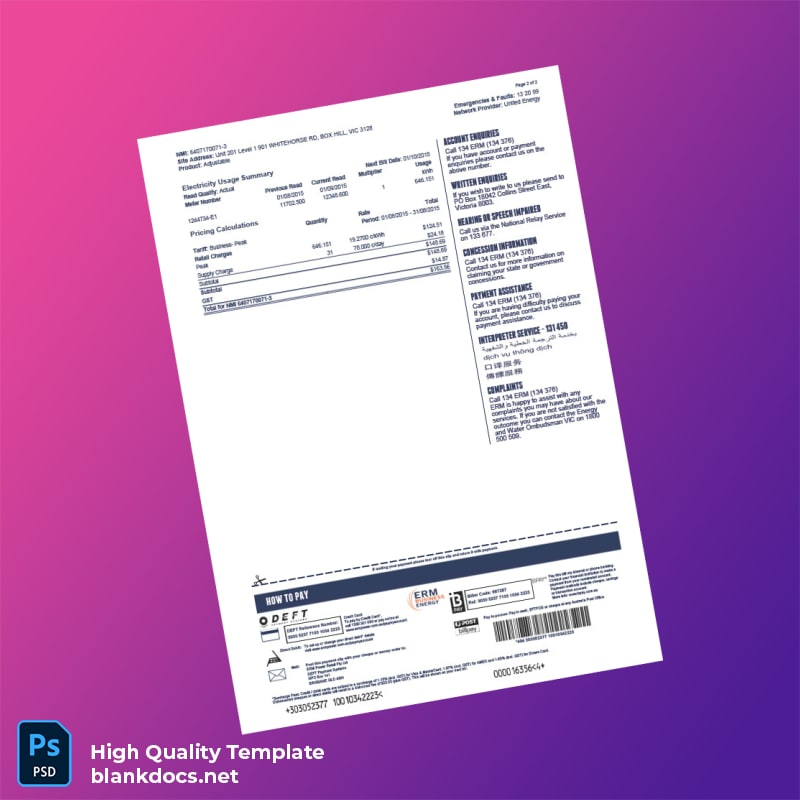 Australia ERM Power Retail Pty Ltd Editable Electricity Bill Template in Word and PDF formats page 2