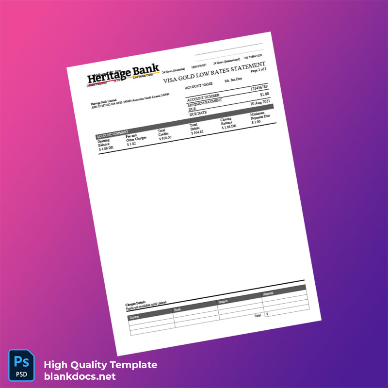 Australia Heritage Bank Credit Card Statement Template in Word and PDF formats page 2