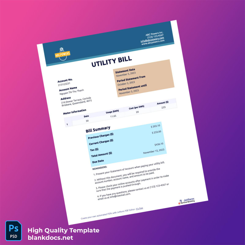 Australia Jotform Editable Utility Bill Template in Word and PDF formats