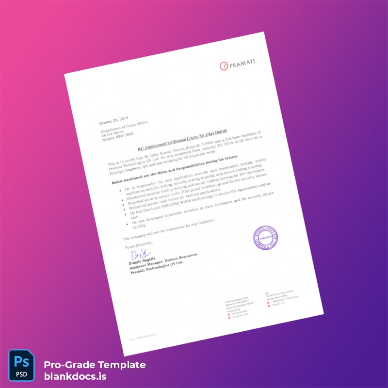 Blank Australia Pramati Technologies Employment Verification Letter Template (Word/PDF) Document Preview - BlankDocs