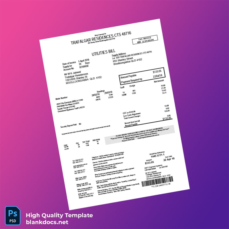 Australia Silver Asset Services Editable Utility Bill Template in Word and PDF formats