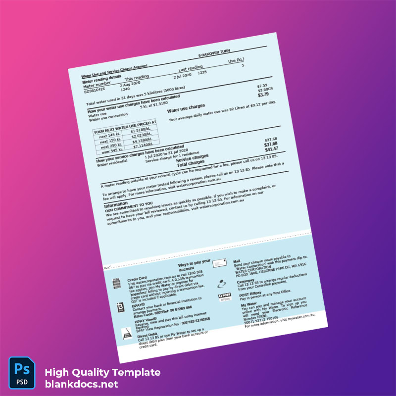 Australia Water Corporation Editable Water Bill Template in Word and PDF formats page 3
