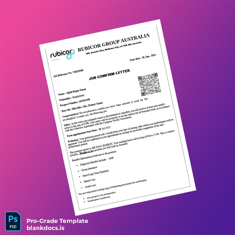 Blank Australia We Employment Verification Letter Template (Word/PDF) Document Preview - BlankDocs