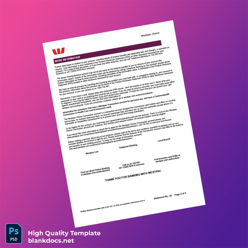 Australia Westpac Bank Statement Template in Word and PDF formats page 3
