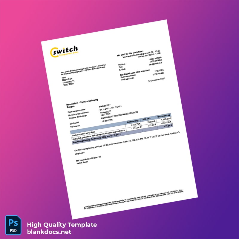 Austria Switch Energievertriebsgesellschaft mbH Editable Utility Bill Template in Word and PDF formats