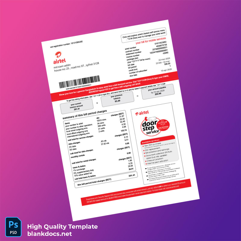 Bangladesh Airtel Editable Phone Bill Template in Word and PDF formats