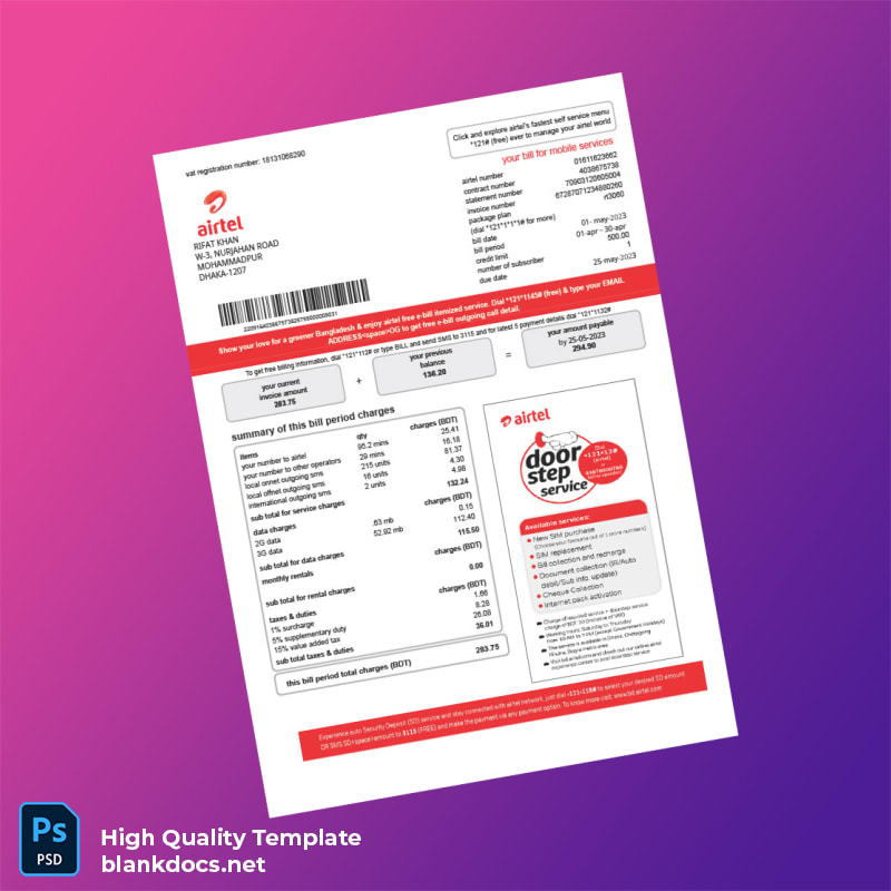 Bangladesh Airtel Editable Utility Bill Template in Word and PDF formats