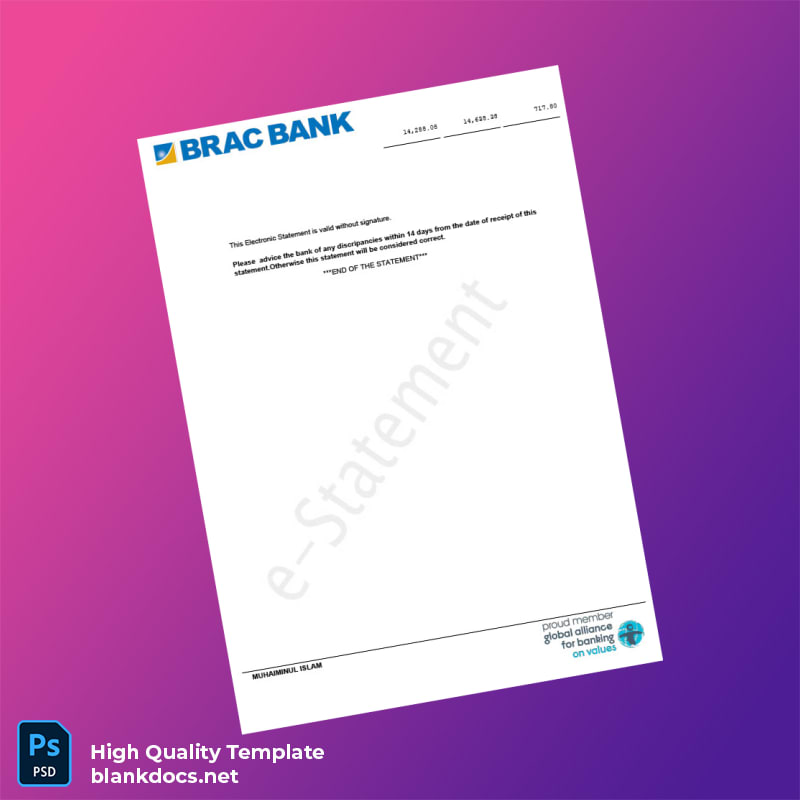 Bangladesh BRAC Bank Statement Template in Word and PDF formats page 2