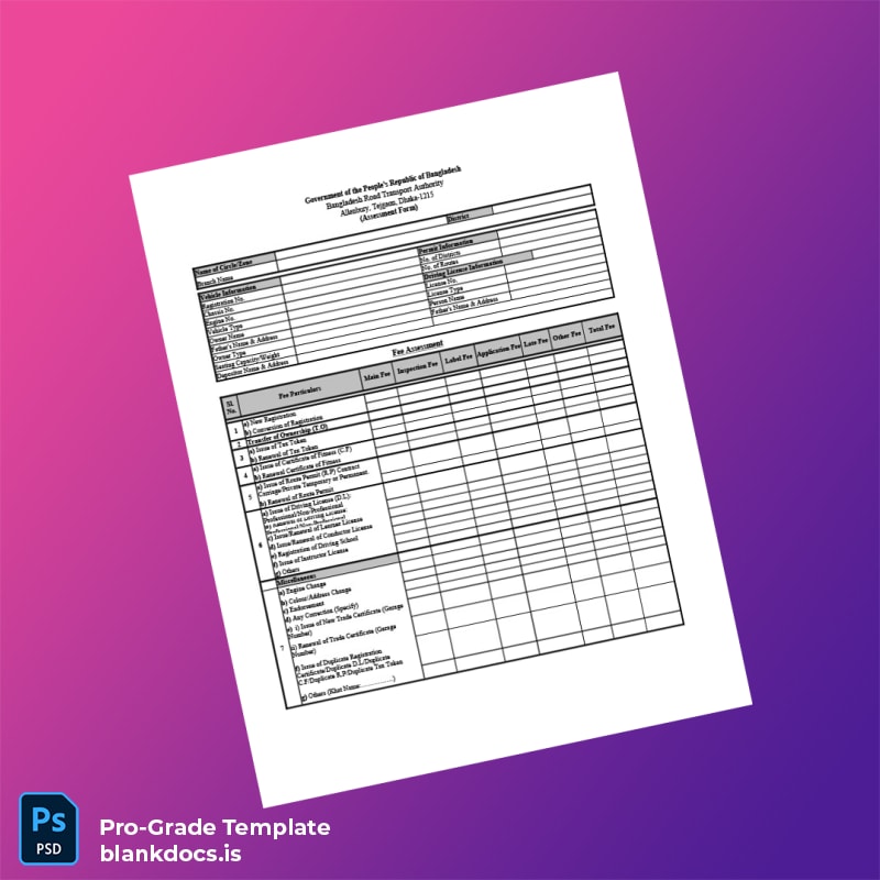 Blank Bangladesh BRTA Assessment Form for Registration Fitness Tax Token Modification Template in Word and PDF formats page 2 Document Preview - BlankDocs