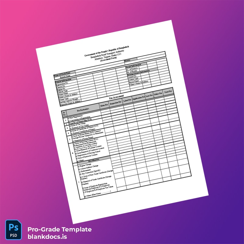 Blank Bangladesh BRTA Assessment Form for Registration Fitness Tax Token Modification Template in Word and PDF formats page 3 Document Preview - BlankDocs