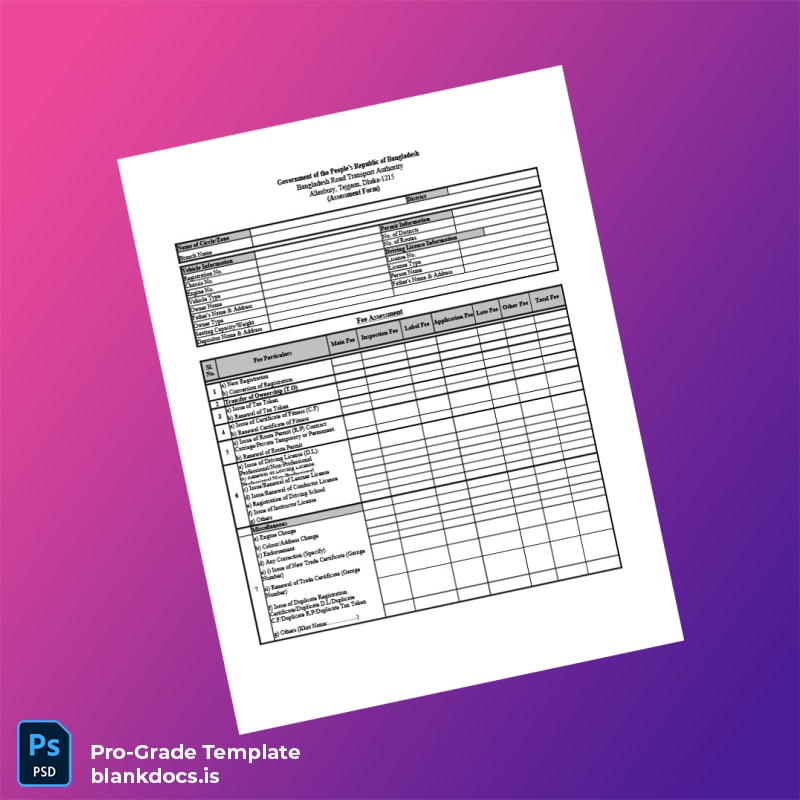Blank Bangladesh BRTA Assessment Form for Registration Fitness Tax Token Modification Template (Word/PDF) Document Preview - BlankDocs