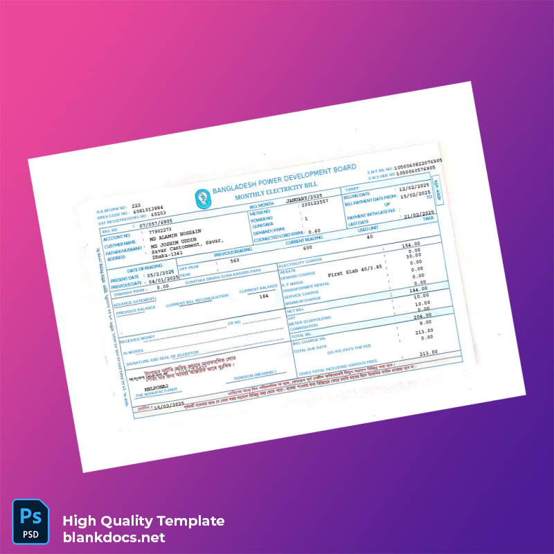 Bangladesh Bangladesh Power Development Board Editable Electricity Bill Template in Word and PDF formats