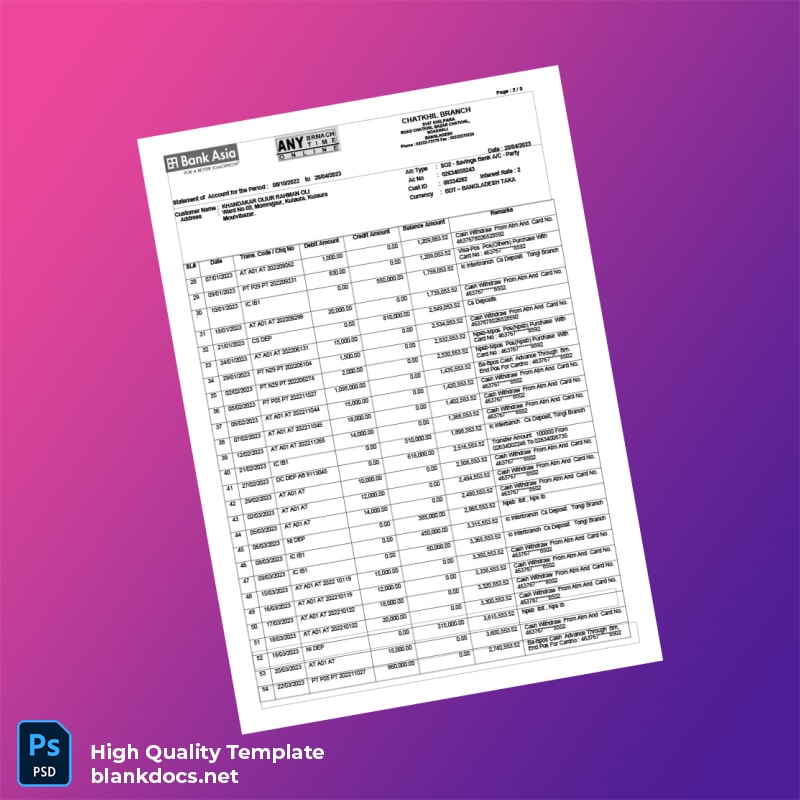 Bangladesh Bank Asia Statement Template in Word and PDF formats page 2