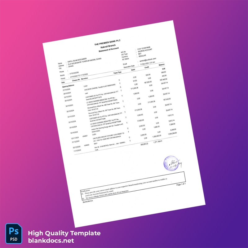 Bangladesh Bank Statement Template in Word and PDF formats