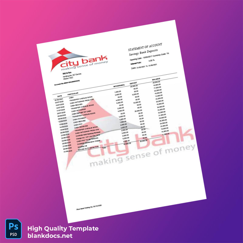 Bangladesh City Bank Statement Template in Word and PDF formats