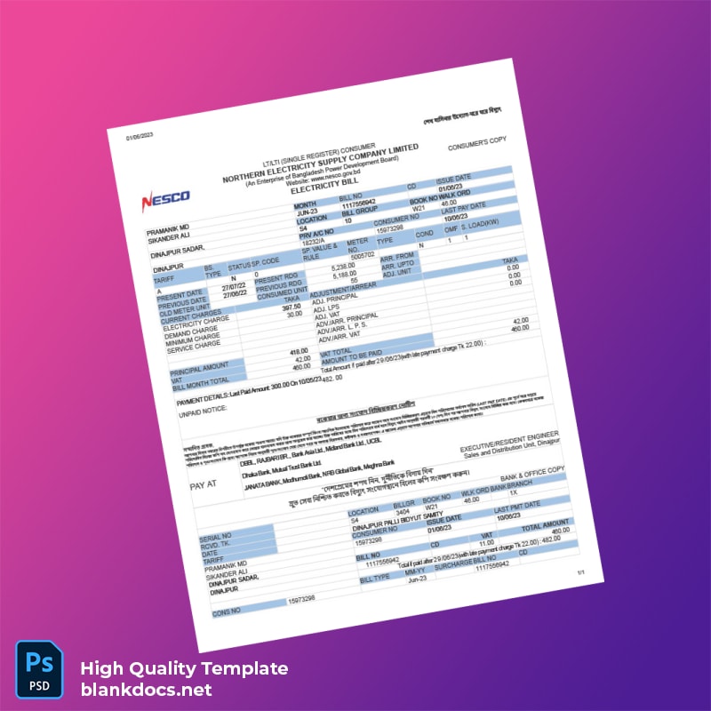 Bangladesh Dinajpur Sadar Sales And Distribution Unit Editable Utility Bill Template in Word and PDF formats