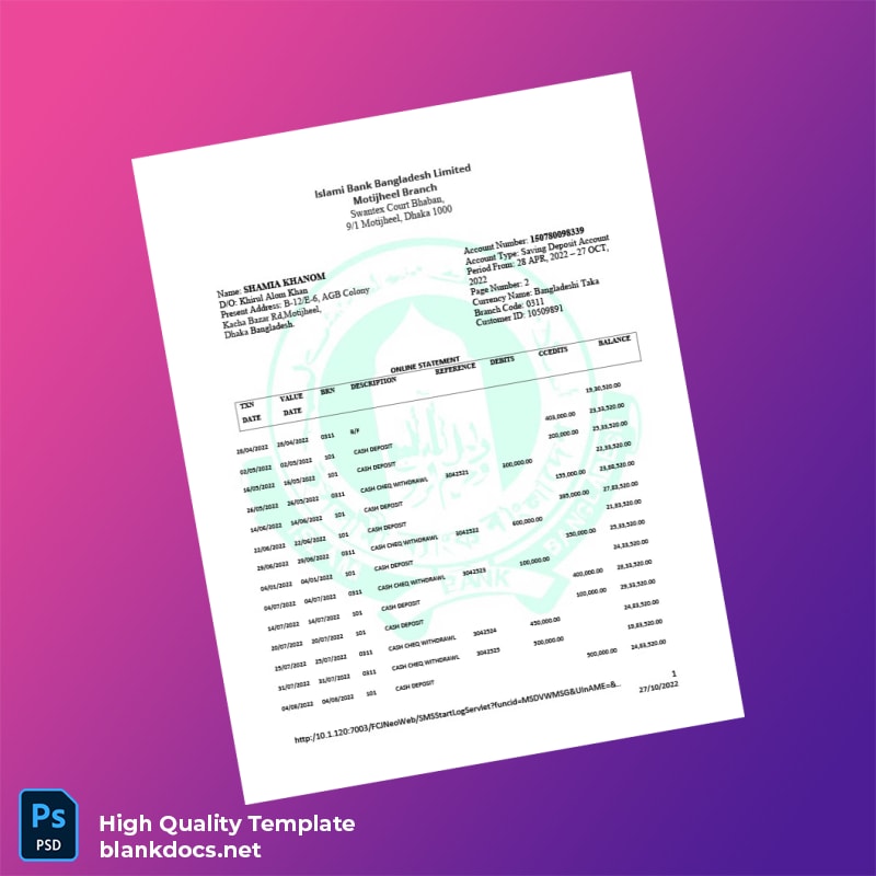 Bangladesh Islami Bank Bangladesh Limited Bank Statement Template in Word and PDF formats