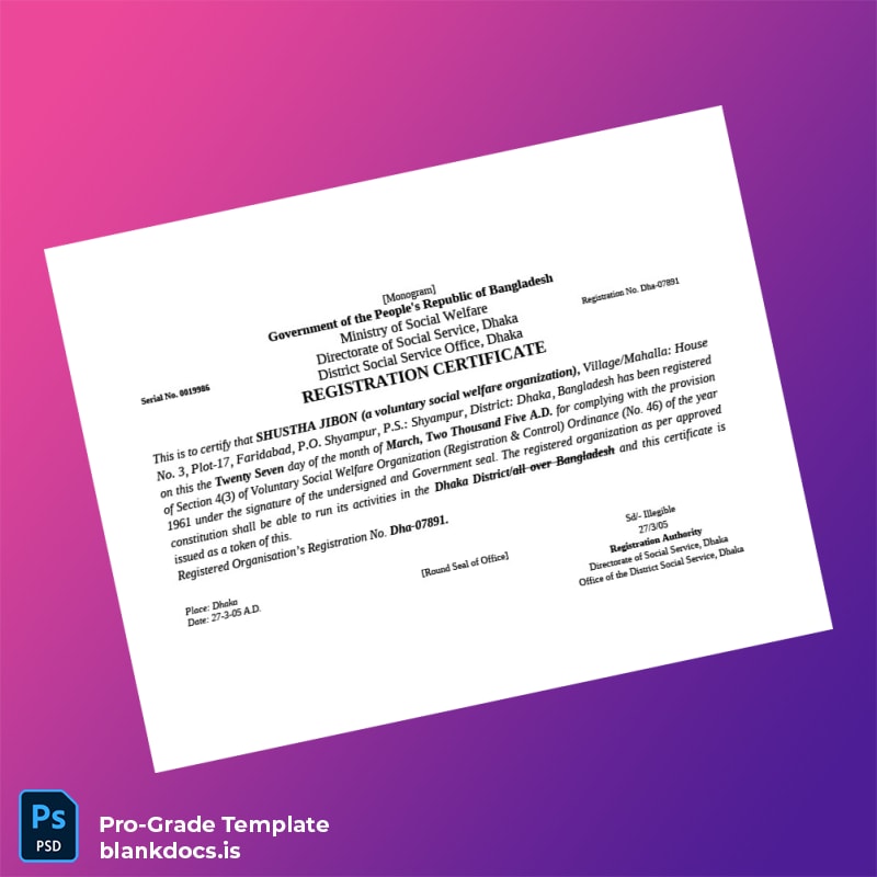 Blank Bangladesh Ministry of Social Welfare Registration Certificate Template (Word/PDF) Document Preview - BlankDocs