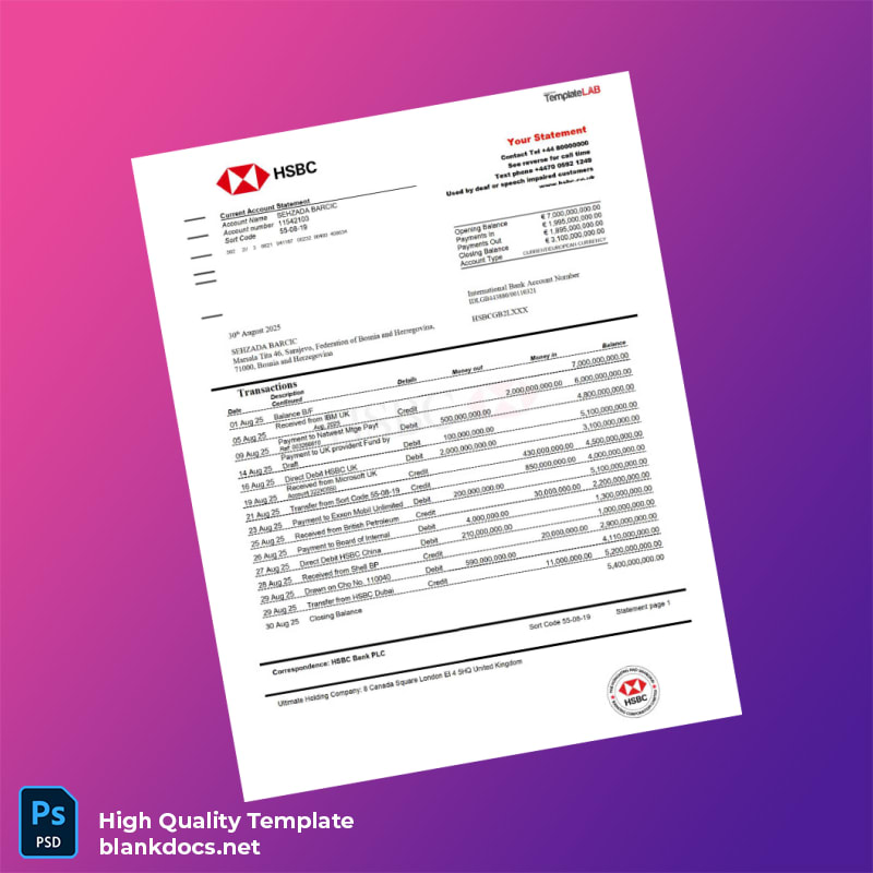 Bosnia and Herzegovina HSBC Bank Statement Template in Word and PDF formats