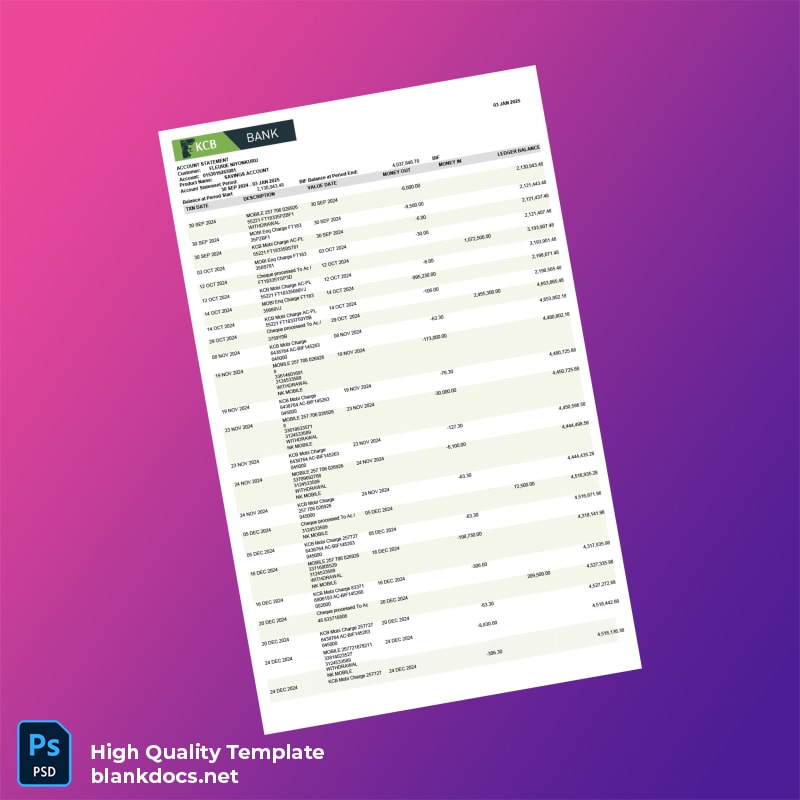 Burundi KCB Bank Statement Template in Word and PDF formats