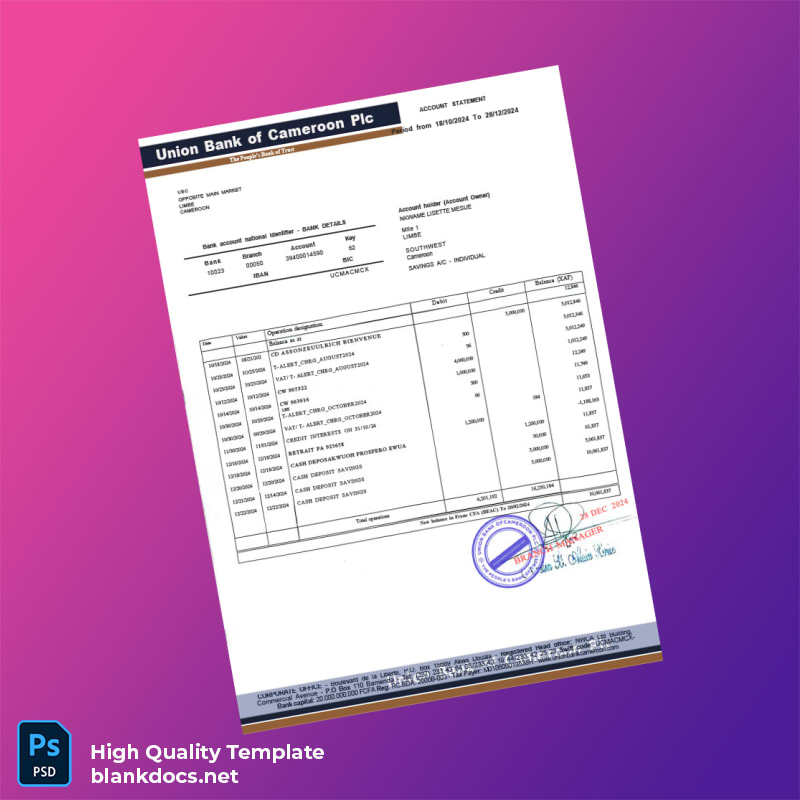 Cameroon Union Bank of Cameroon Plc Bank Statement Template in Word and PDF formats page 2
