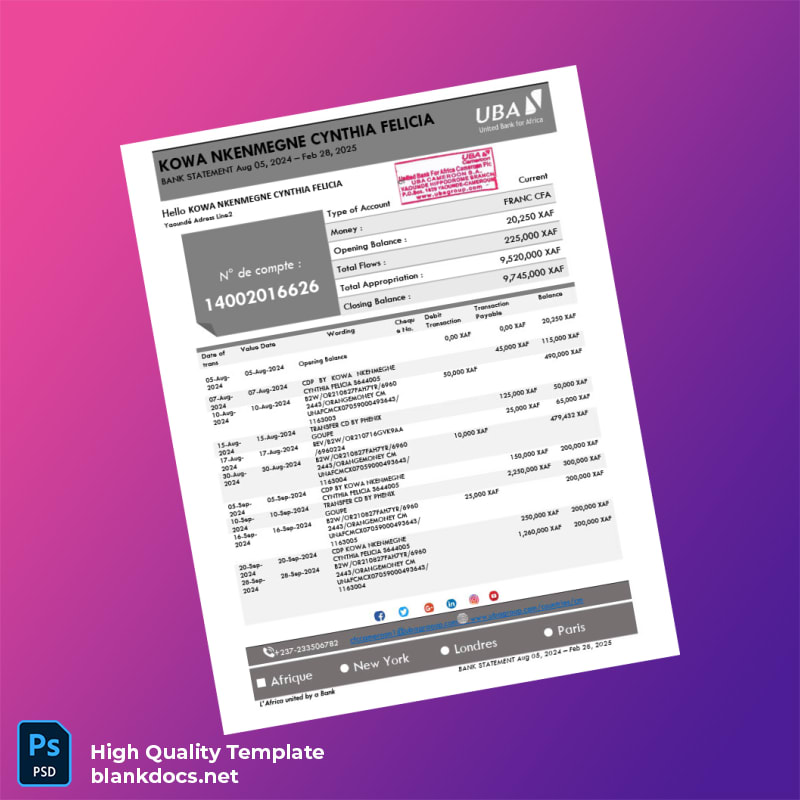 Cameroon United Bank for Africa Bank Statement Template in Word and PDF formats page 2