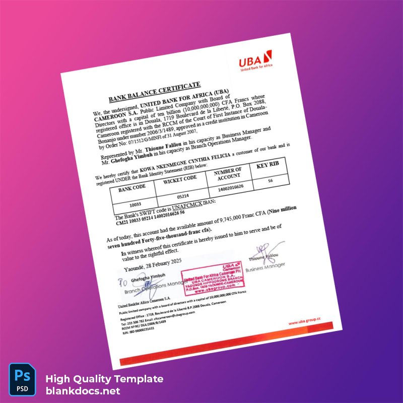 Cameroon United Bank for Africa Bank Statement Template in Word and PDF formats