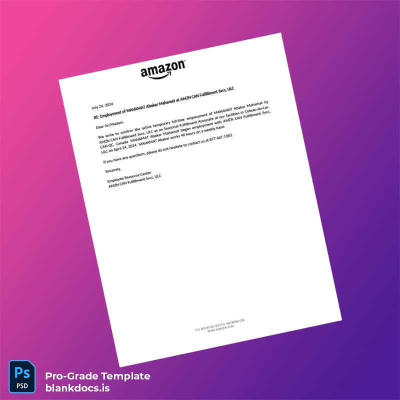 Blank Canada AMZN CAN Fulfillment Svcs Employment Verification Letter Template (Word/PDF) Document Preview - BlankDocs