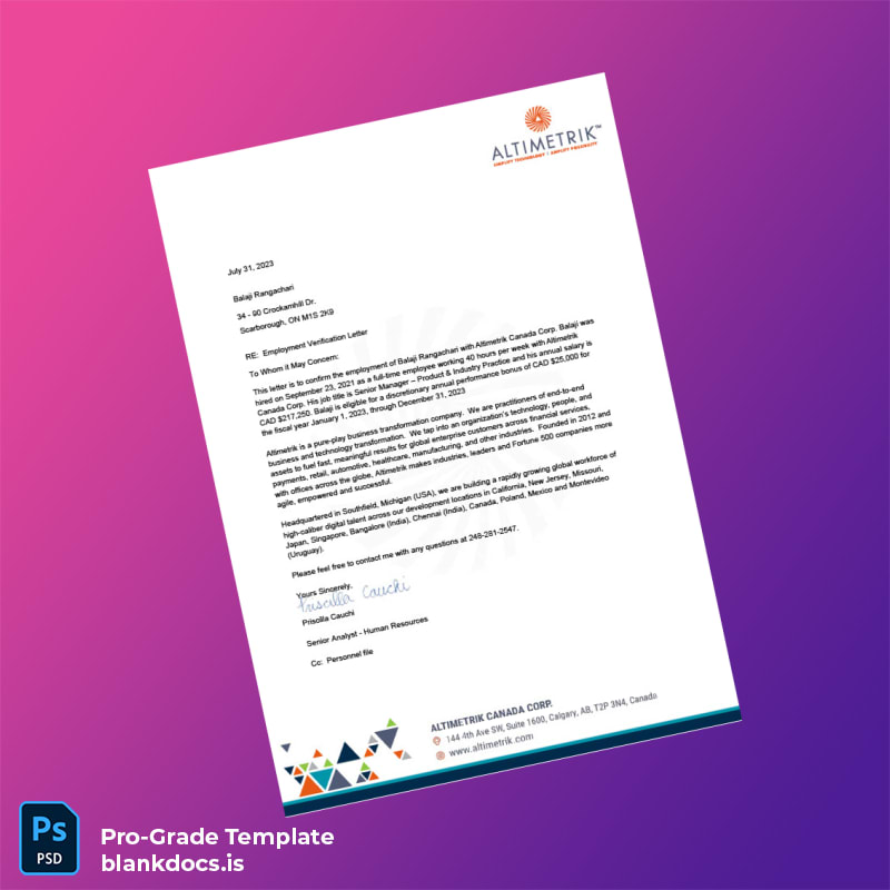 Blank Canada Altimetrik Canada Corp Employment Verification Letter Template (Word/PDF) Document Preview - BlankDocs