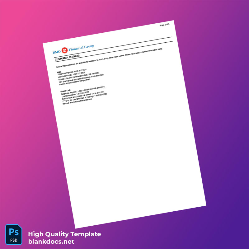 Canada BMO Bank Statement Template in Word and PDF formats page 2