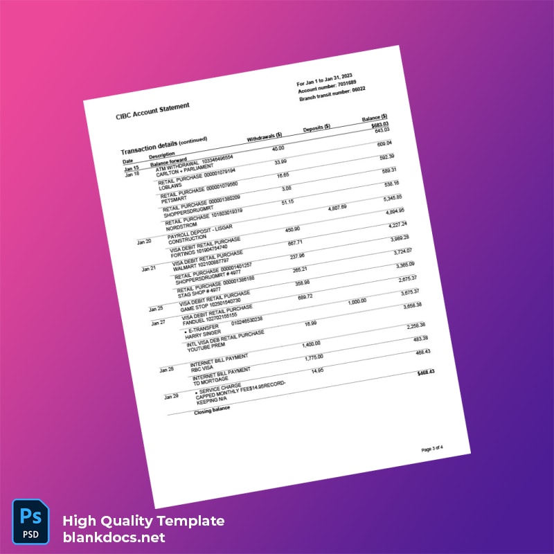 Canada CIBC Account Statement Template in Word and PDF formats page 3