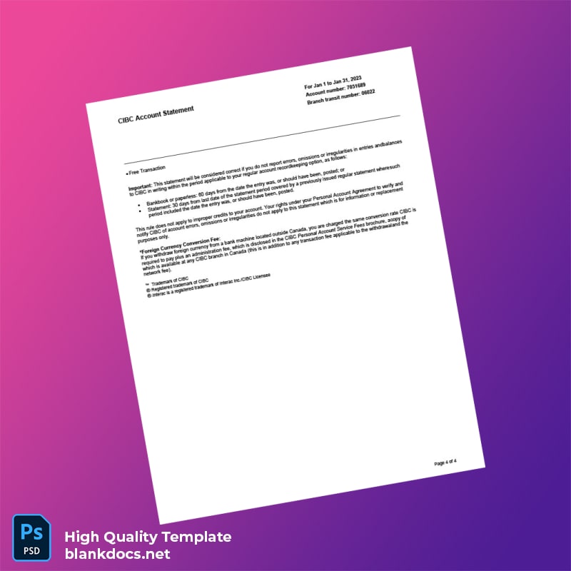 Canada CIBC Account Statement Template in Word and PDF formats page 4