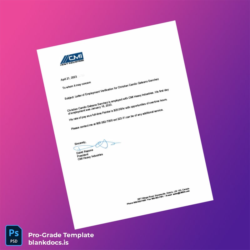 Blank Canada CMI Heavy Industries Employment Verification Letter Template (Word/PDF) Document Preview - BlankDocs