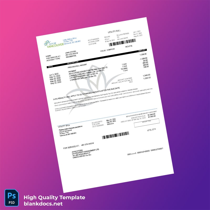 Canada City Of Vancouver Editable Utility Bill Template in Word and PDF formats